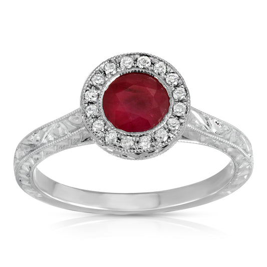 Hand Engraved, Vintage Inspired Ruby and Diamond Ring